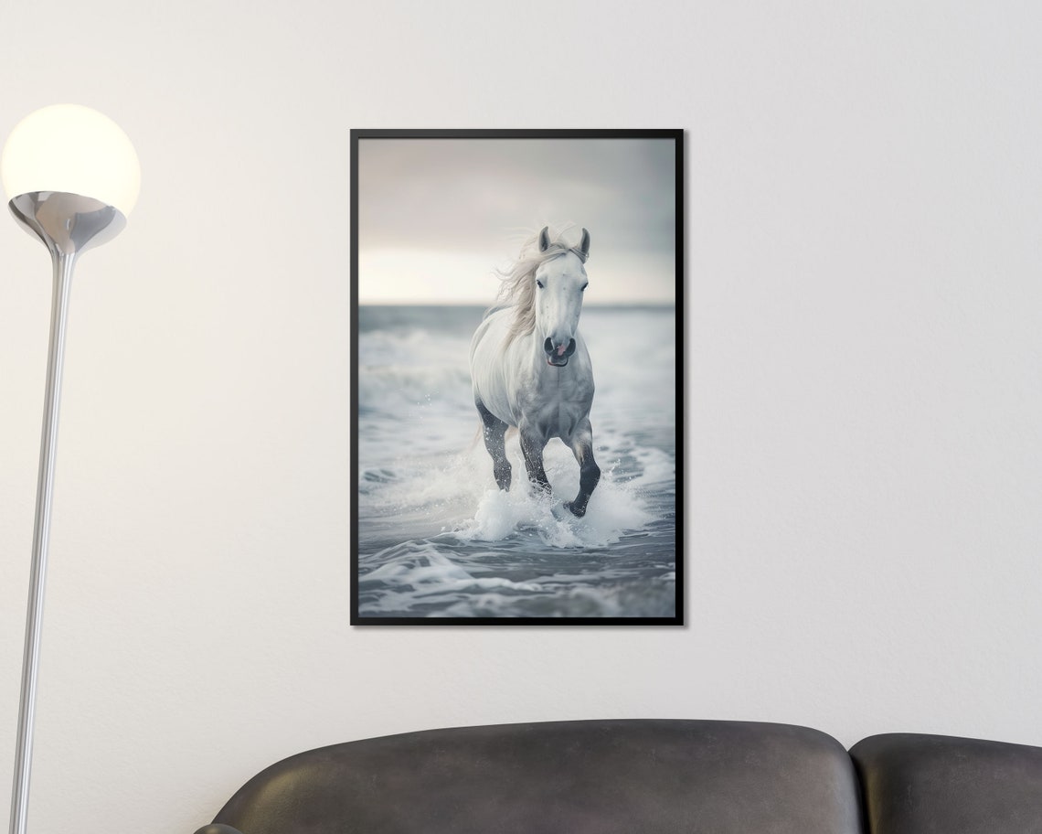 White Horse Galloping Through Ocean Waves Coastal Photo Art Poster - Image 3
