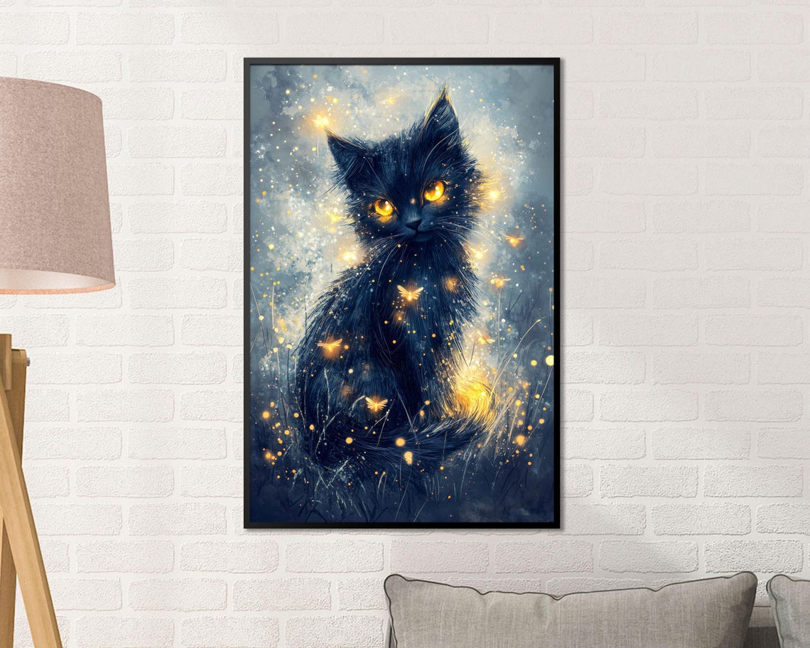 Mystical Black Kitten Golden Eyes Fireflies Magic Night Wall Art