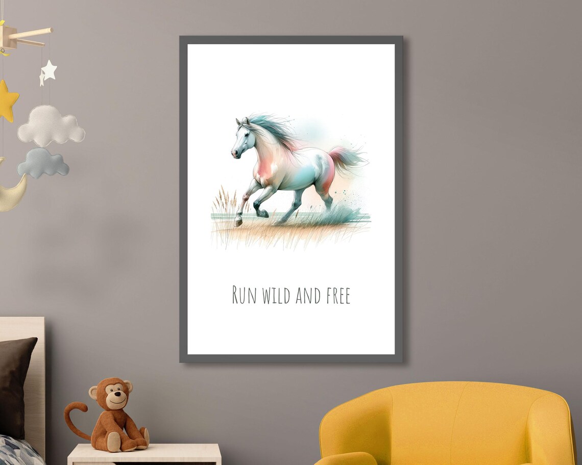 Run Wild And Free White Horse Gallop Pastel Watercolor Nursery Poster