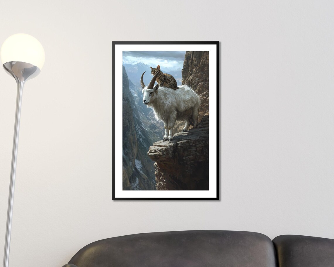 Mountain Goat Cliff Edge with Cat Riding Back Surreal Animal Poster - Image 3