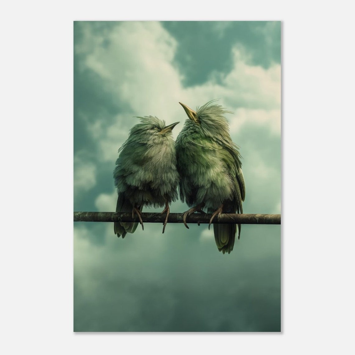 Fluffy Bird Pair Teal Clouds Dreamy Serene Nature Bird Wall Art - Image 3