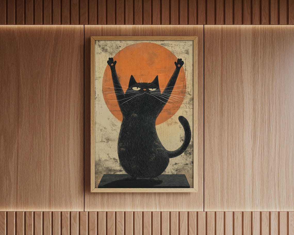 Zen Yoga Cat Stretch Pose Orange Sun Retro Meditation Wall Art