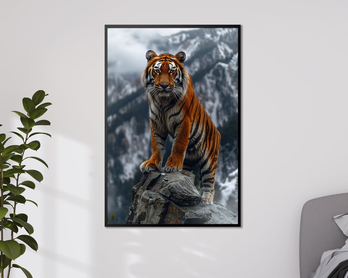 Majestic Tiger On Rocky Cliff Snowy Mountain Wildlife Nature Poster - Image 4