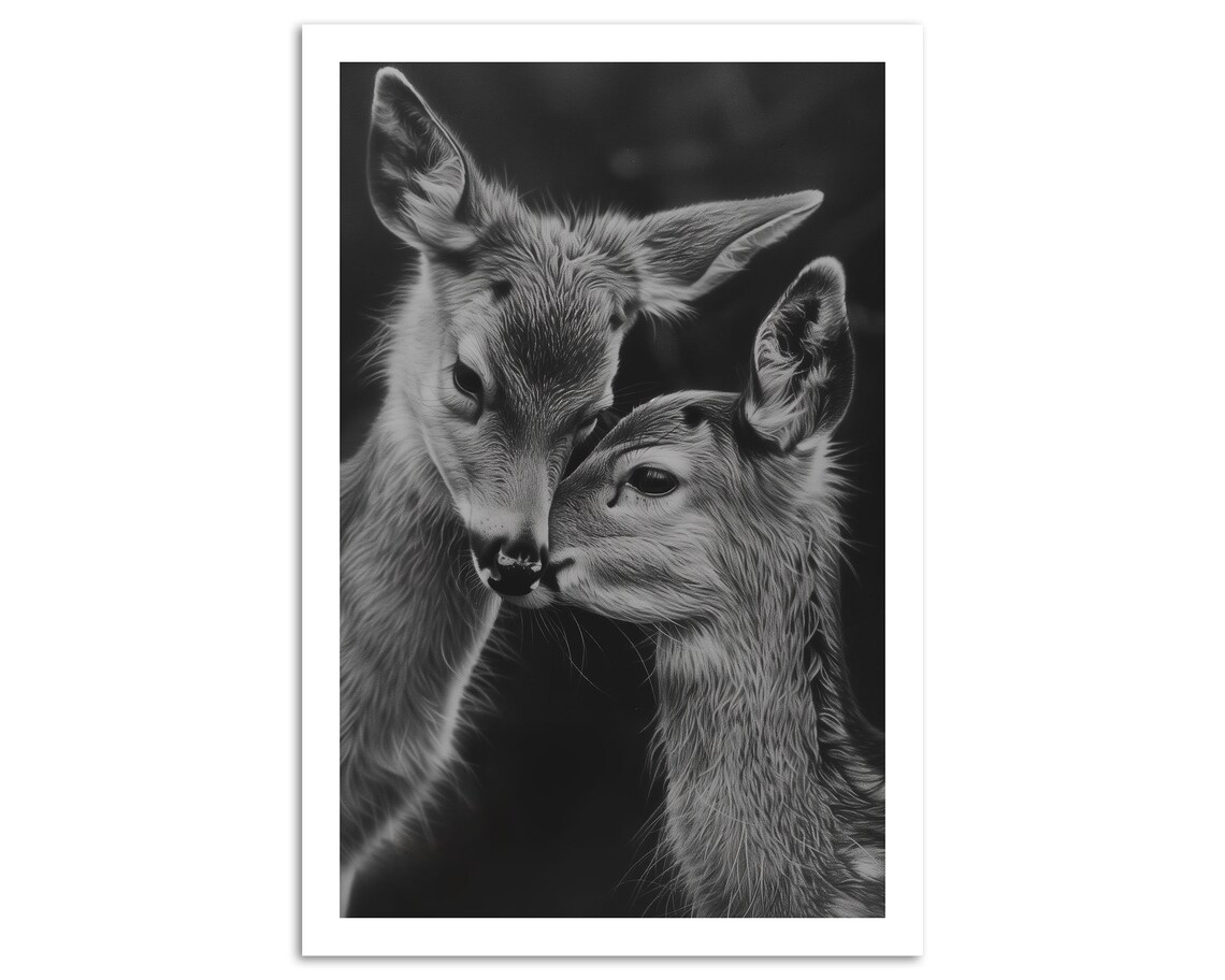 Tender Deer Pair Nuzzling Black And White Heartwarming Wildlife Art Poster - Image 5