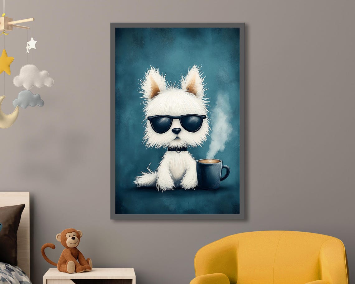 Cool White Puppy With Sunglasses Steaming Coffee Cup Art Poster