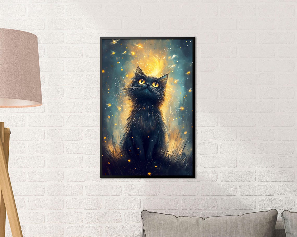 Black Kitten Gazing Up at Golden Light Magic Sparkles Wall Art - Image 3