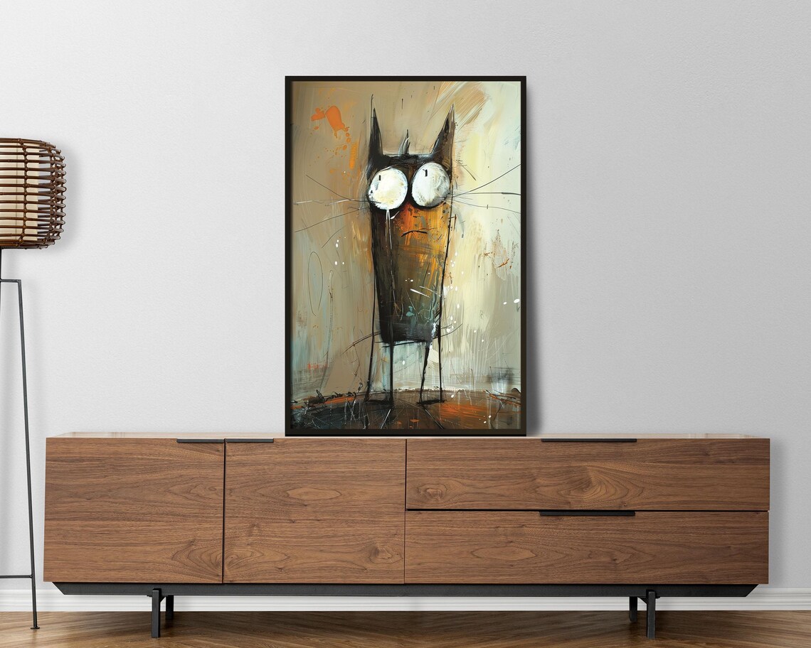 Black Cat Quirky Cartoon Big Eyes Abstract Animal Wall Art Poster