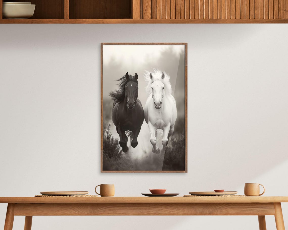 Black and White Horses Galloping Sepia Minimalist Equine Photo Poster