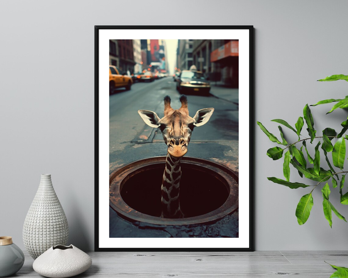 Giraffe Popping From New York City Manhole Street Scene Funny Poster - Image 3