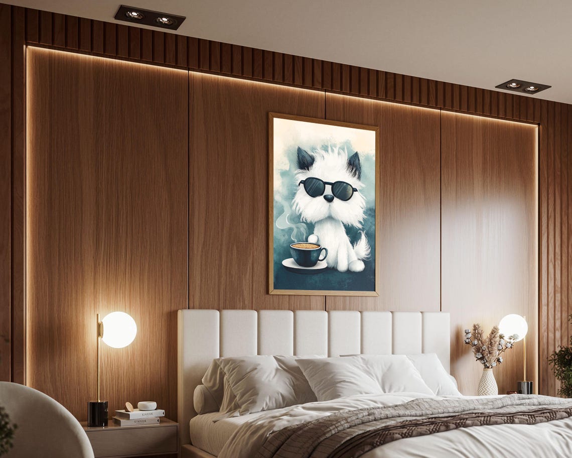 Fluffy White Dog With Sunglasses Next To Coffee Cup Cute Poster - Image 3