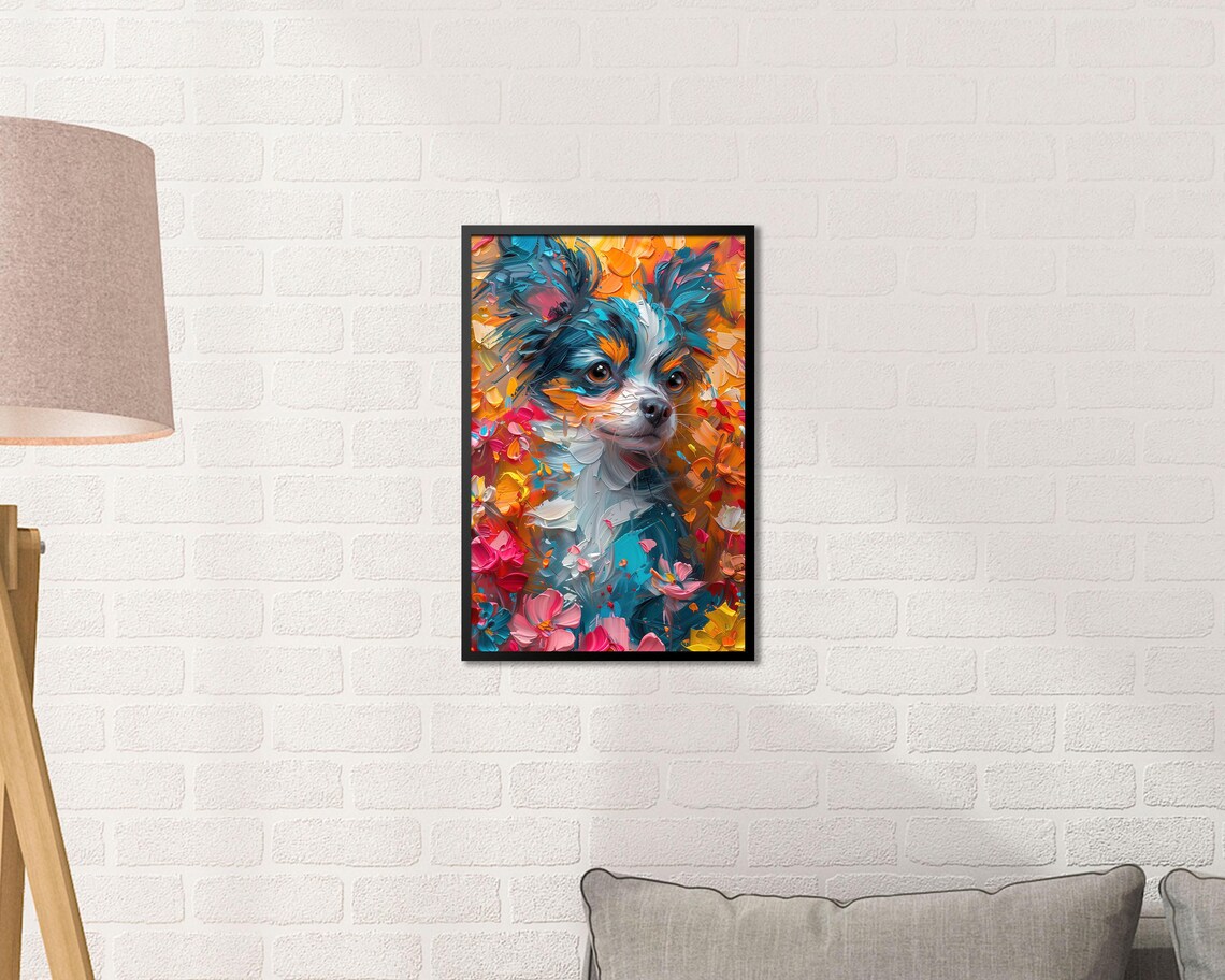 Colorful Impasto Dog Among Bright Flowers Vibrant Floral Wall Art - Image 2