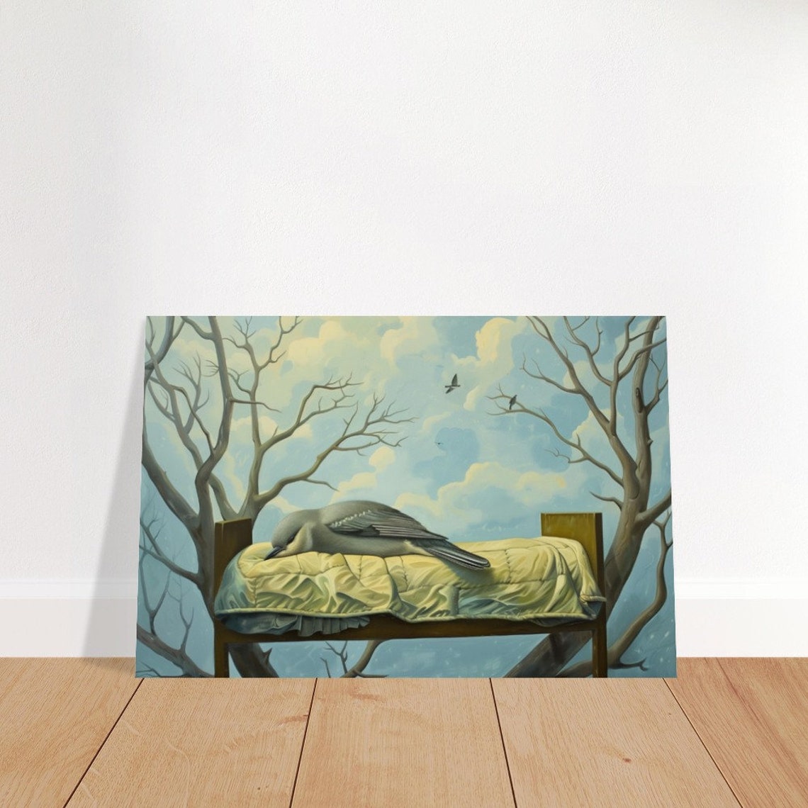 Sleeping Bird On Bed Surreal Dreamlike Blue Trees Wildlife Wall Art - Image 4
