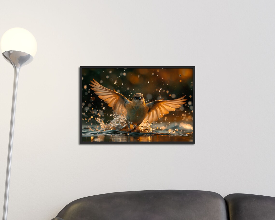 Songbird Bathing In Golden Water Splash Birdwatcher Nature Poster - Image 2