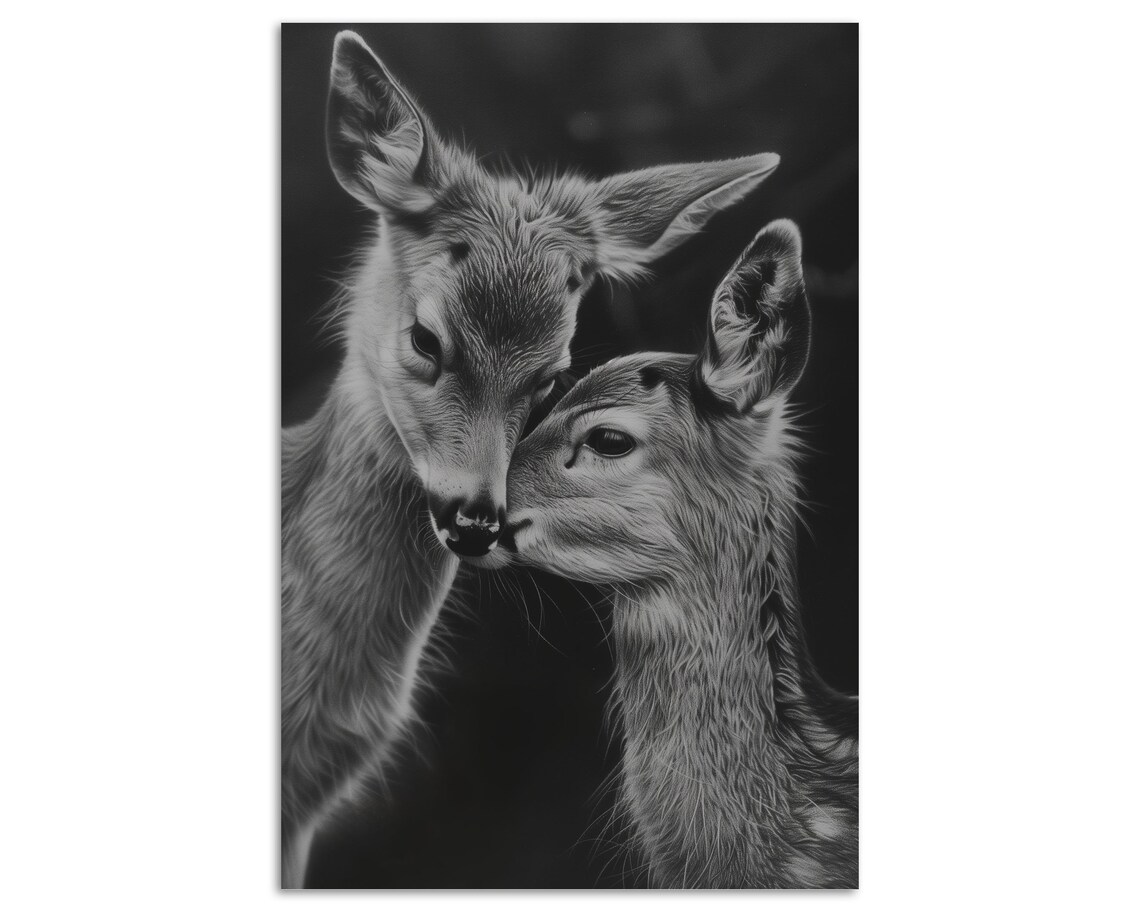 Tender Deer Pair Nuzzling Black And White Heartwarming Wildlife Art Poster - Image 2