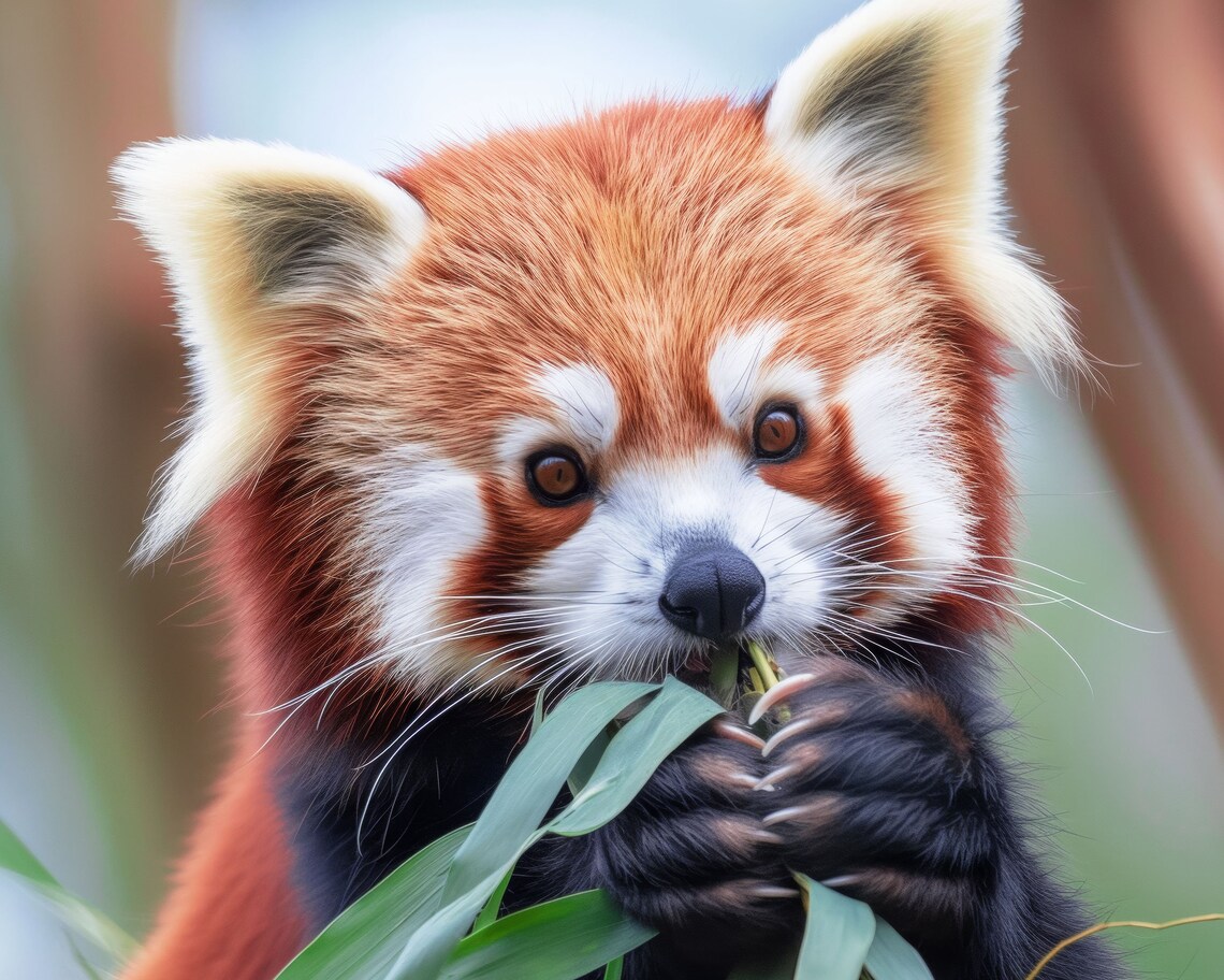 Cute Red Panda Eating Bamboo Close Up Wildlife Photography Wall Poster - Image 3