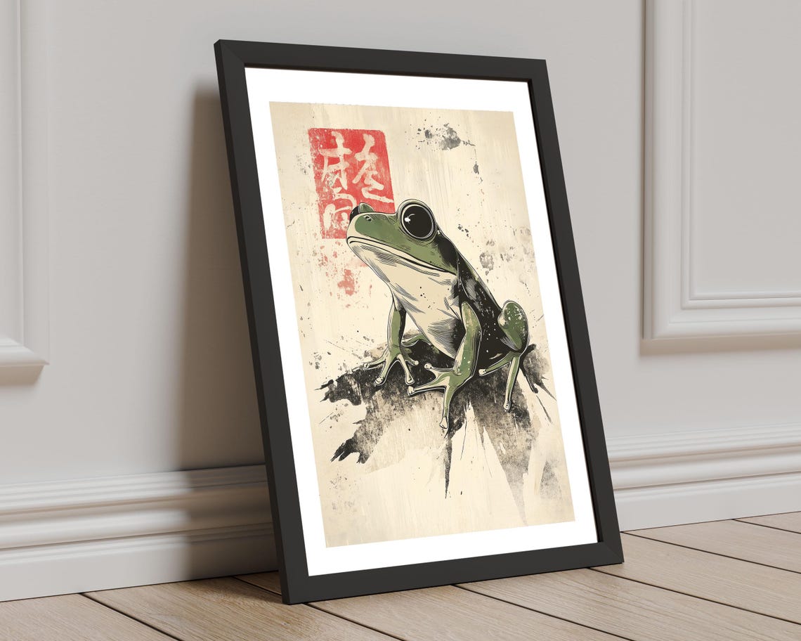 Japanese Woodblock Style Green Tree Frog Red Seal Stamp Wall Art - Image 7