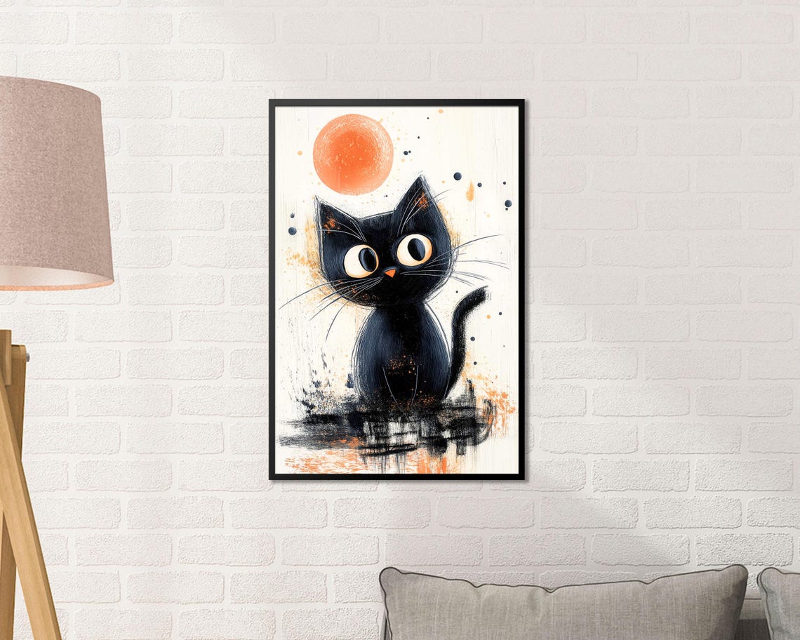 Black Cat Under Orange Moon Japanese Ink Style Minimal Wall Art - Image 3