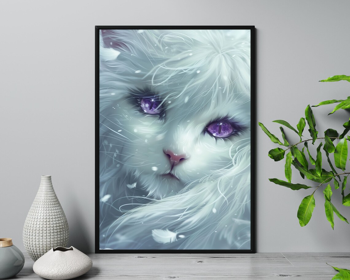 Mystical White Cat Purple Eyes Snowy Fantasy Feline Wall Art Print
