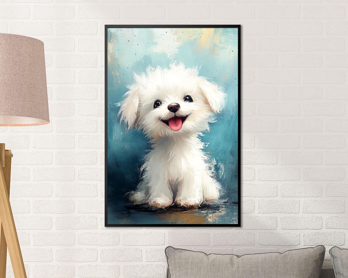 Smiling White Fluffy Puppy Happy Cartoon Dog Nursery Art Poster - Image 2