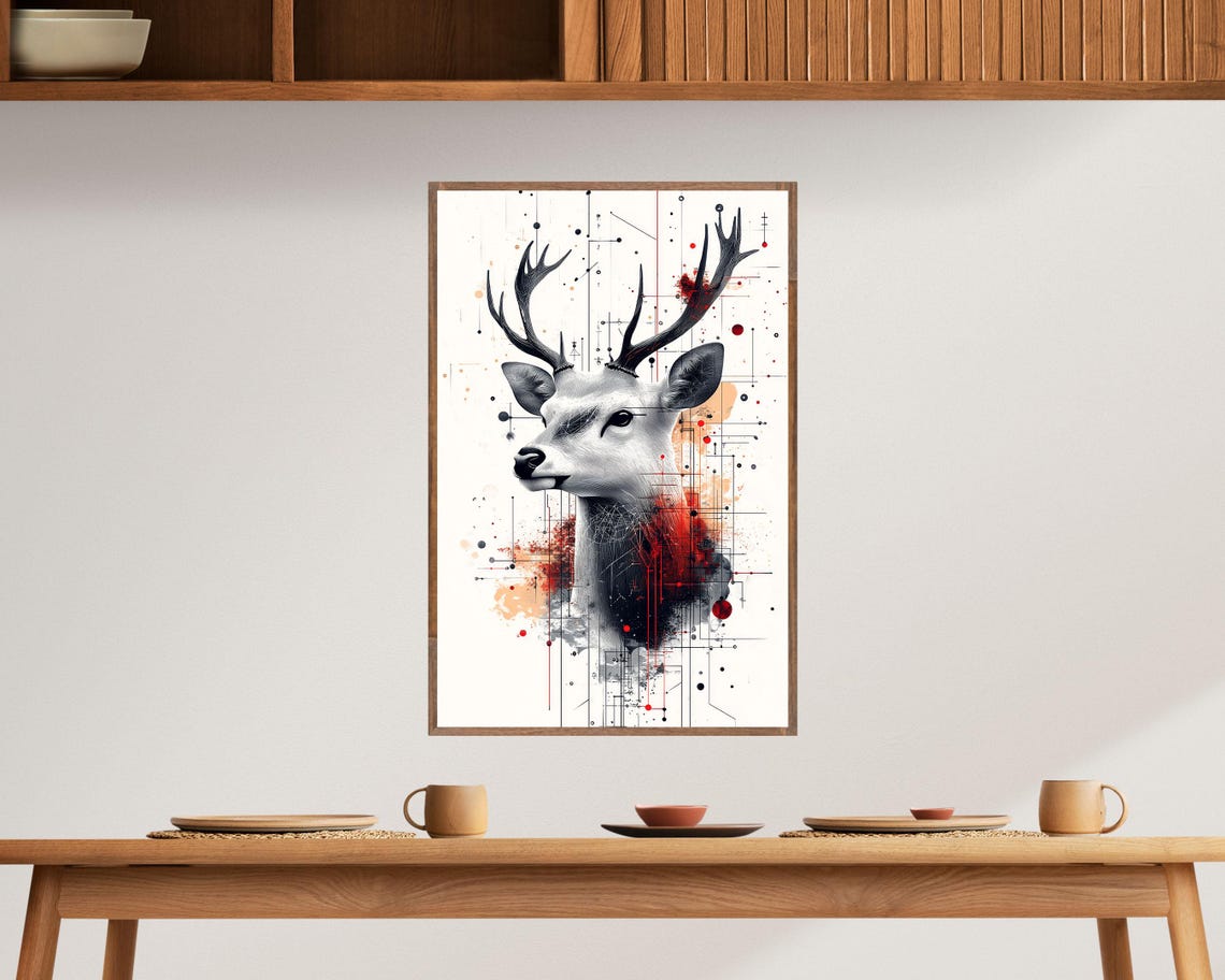 Abstract Deer Stag Portrait Red Black Geometric Modern Art Print