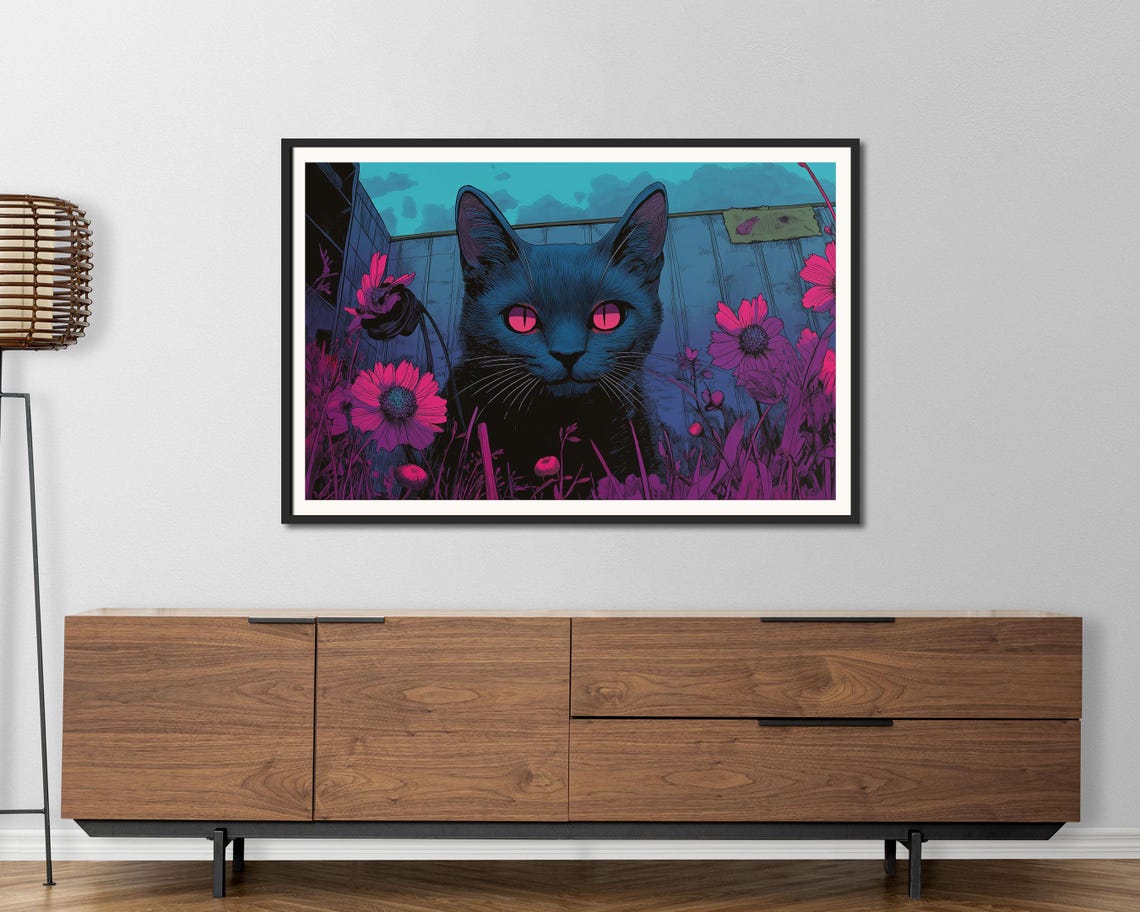 Neon Black Cat With Glowing Pink Eyes Floral Dark Aesthetic Poster
