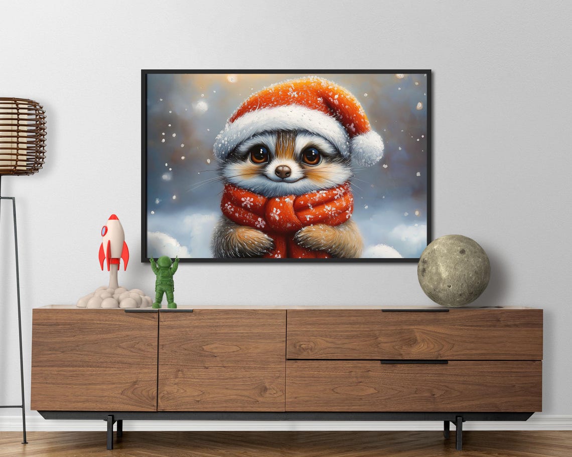 Raccoon In Santa Hat And Snowflake Scarf Winter Christmas Poster - Image 4