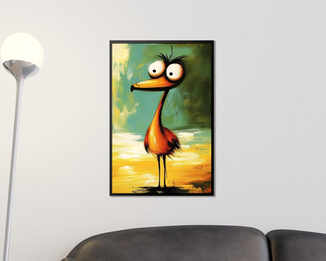 Quirky Funny Flamingo Bird Long Beak Whimsical Teal Painting Poster - Image 3
