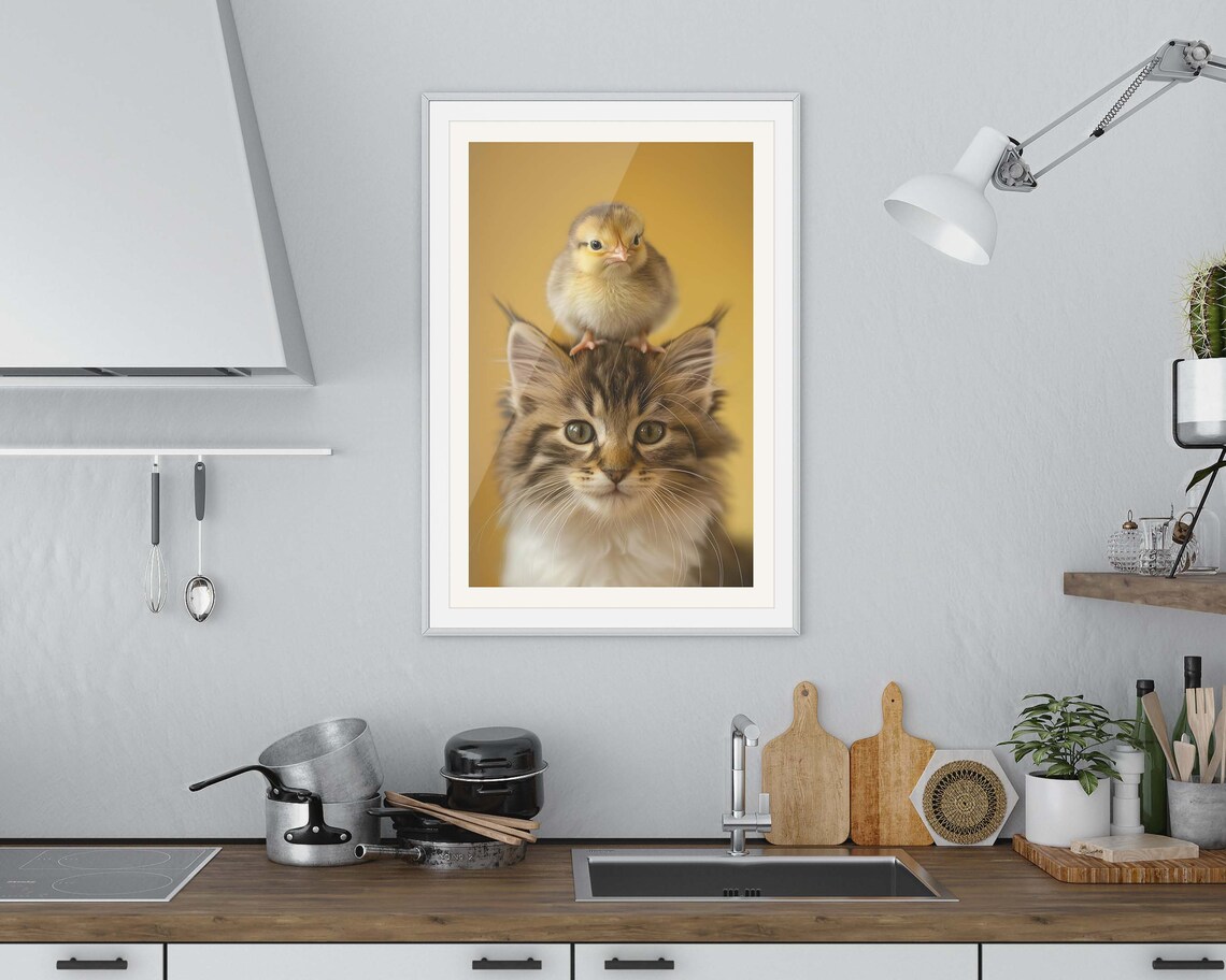 Adorable Kitten With Baby Chick On Head Cute Animal Wall Art Print - Image 2