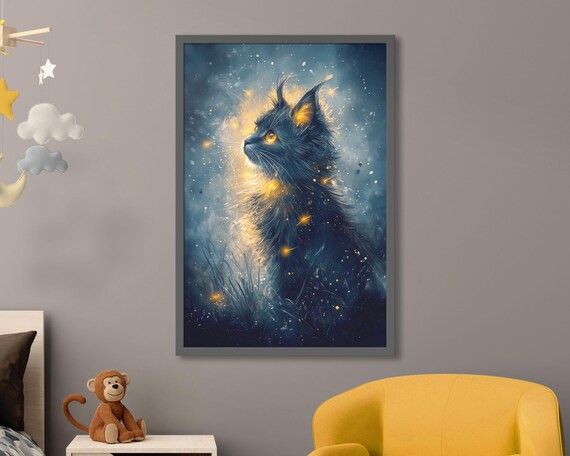 Mystic Black Cat Celestial Night Sky Stars Moonlight Fantasy Art Poster