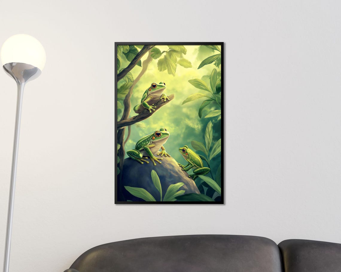 Three Green Tree Frogs in Sunlit Jungle Canopy Nature Wall Art - Image 3