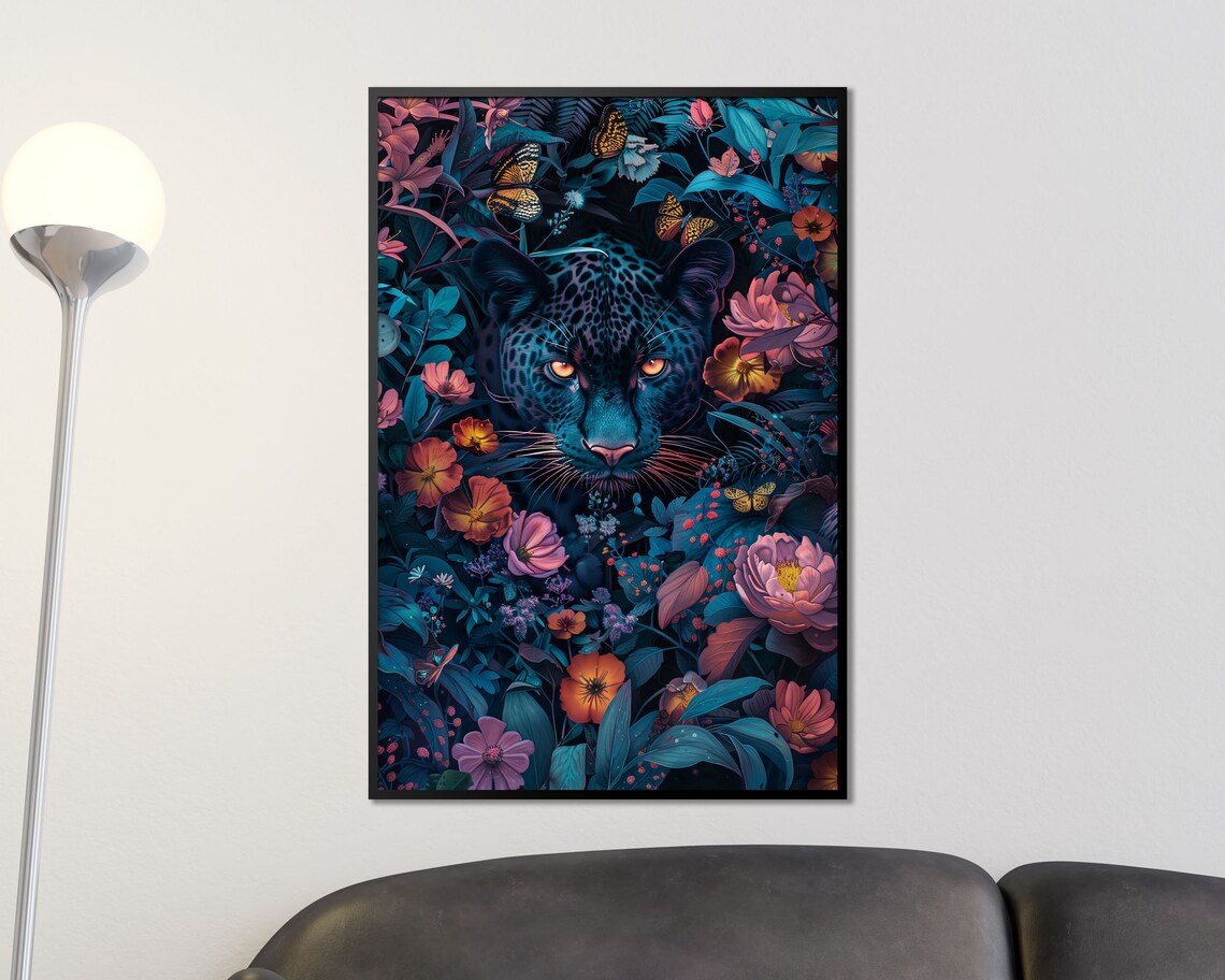 Enigmatic Black Panther In Tropical Flowers Mystical Jungle Cat Art Print - Image 3