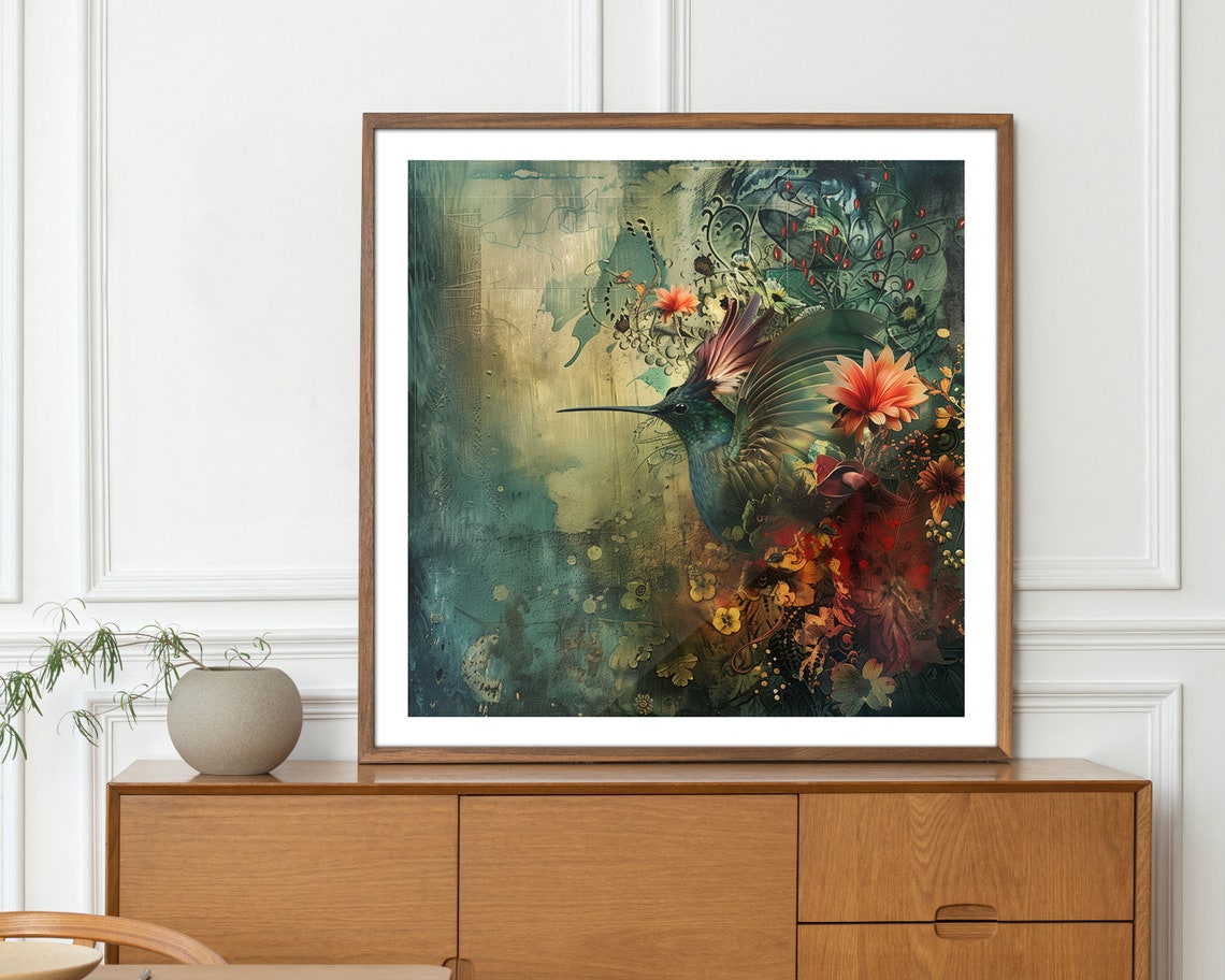 Bohemian Hummingbird Among Flowers Painterly Bird Wall Art Print