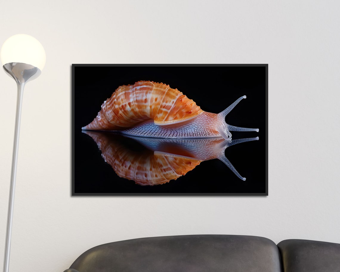 Elegant Snail With Mirror Reflection Orange Shell Nature Art Print