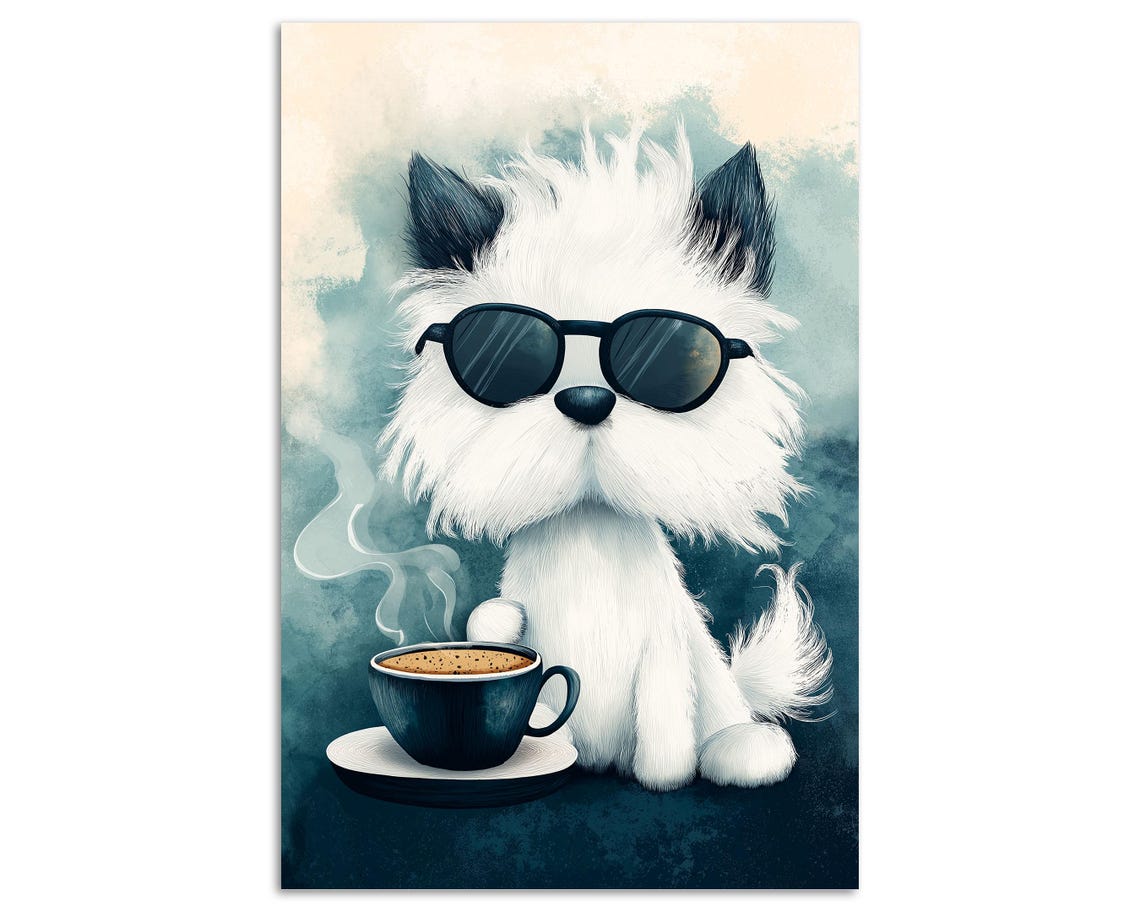 Fluffy White Dog With Sunglasses Next To Coffee Cup Cute Poster - Image 5