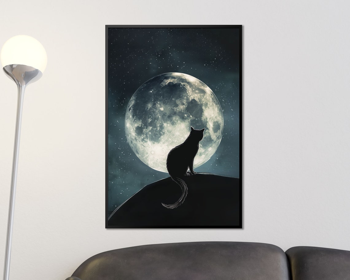 Black Cat Silhouette Under Full Moon Starry Night Celestial Art Print - Image 3