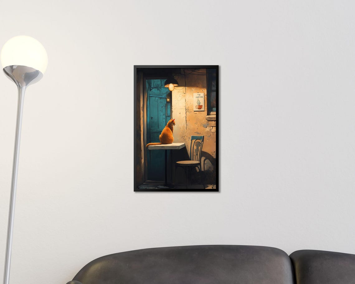 Orange Cat At Night Cafe Alley Rustic Warm Lamp Wall Art Poster - Image 2