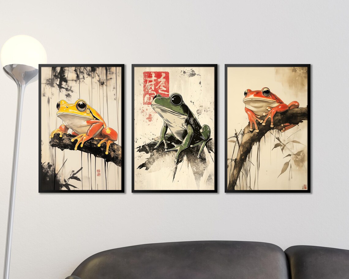 Japanese Sumi E Style Yellow Frog on Branch Ink Wash Wall Art - Image 4