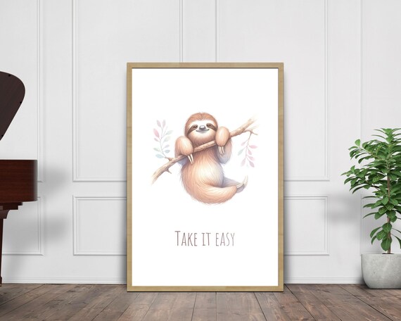 Take It Easy Smiling Sloth Branch Pastel Watercolor Calm Nursery Poster