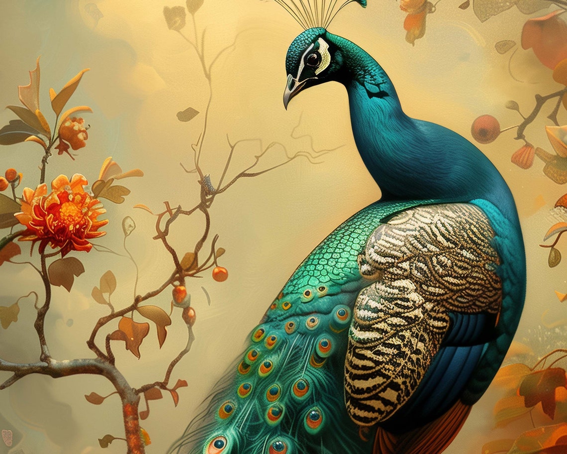 Majestic Peacock Perched On Blooming Branch Autumn Blossom Bird Poster - Image 2