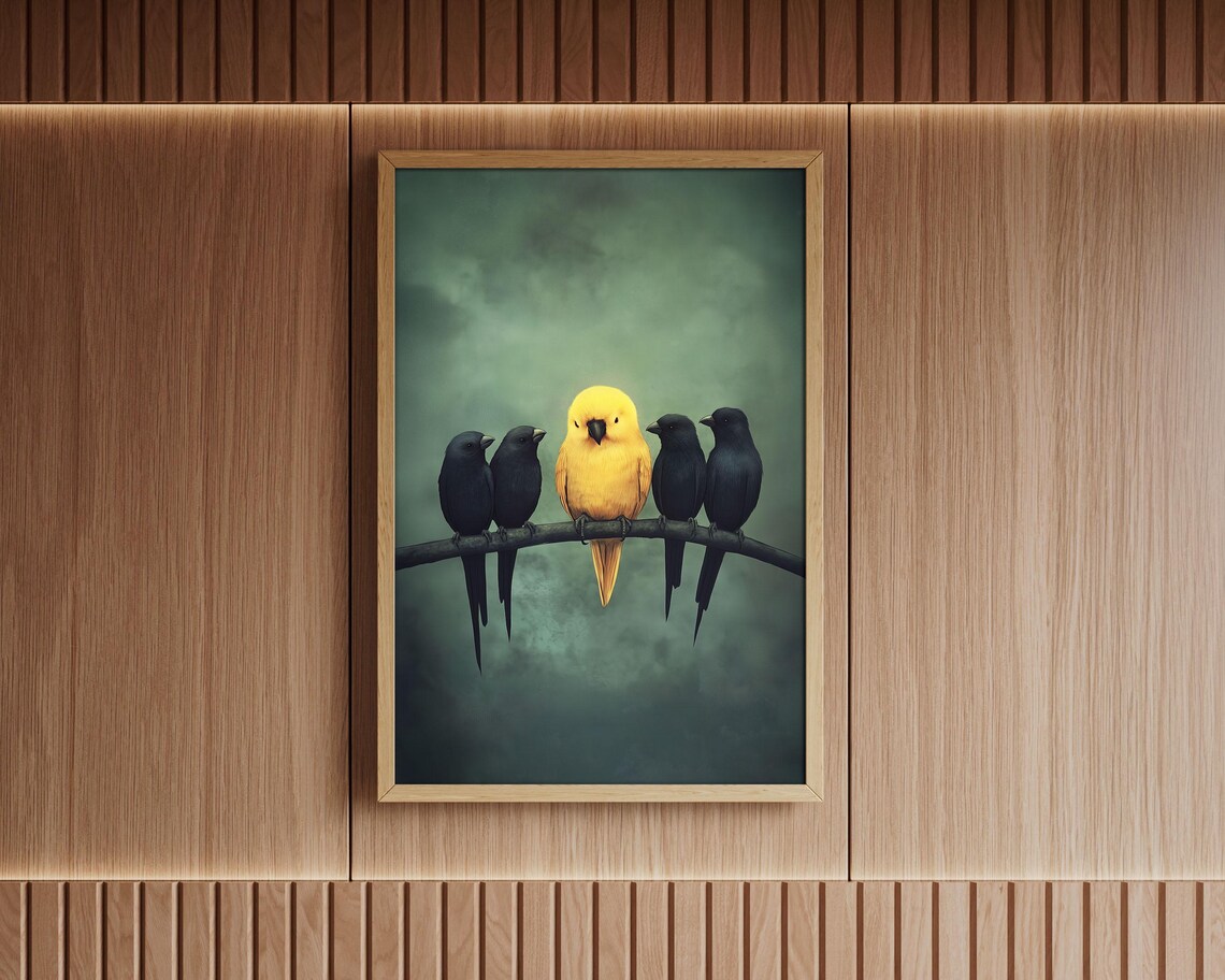 Yellow Bird Among Black Birds On Branch Moody Minimal Art Poster - Image 7