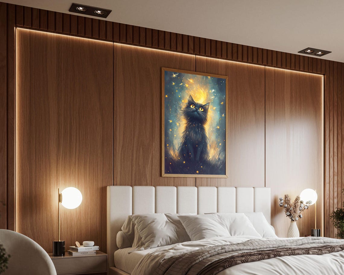 Black Kitten Gazing Up at Golden Light Magic Sparkles Wall Art - Image 7