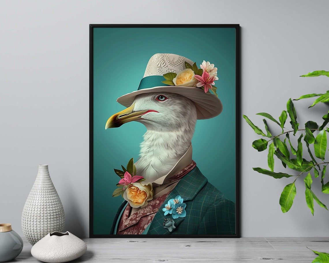 Dapper Bird In Floral Hat And Tailored Suit Elegant Animal Portrait