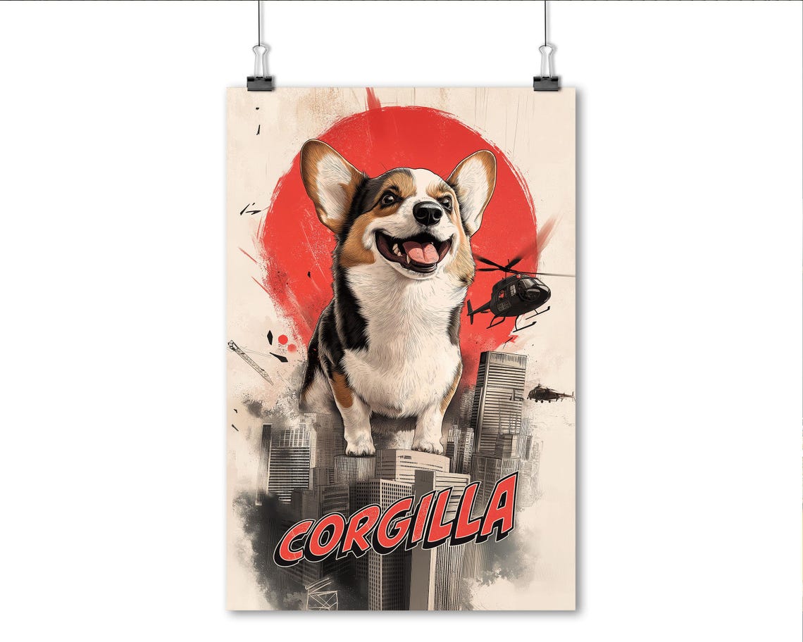 Corgilla Giant Corgi Monster Movie Parody Funny Wall Art Poster - Image 6