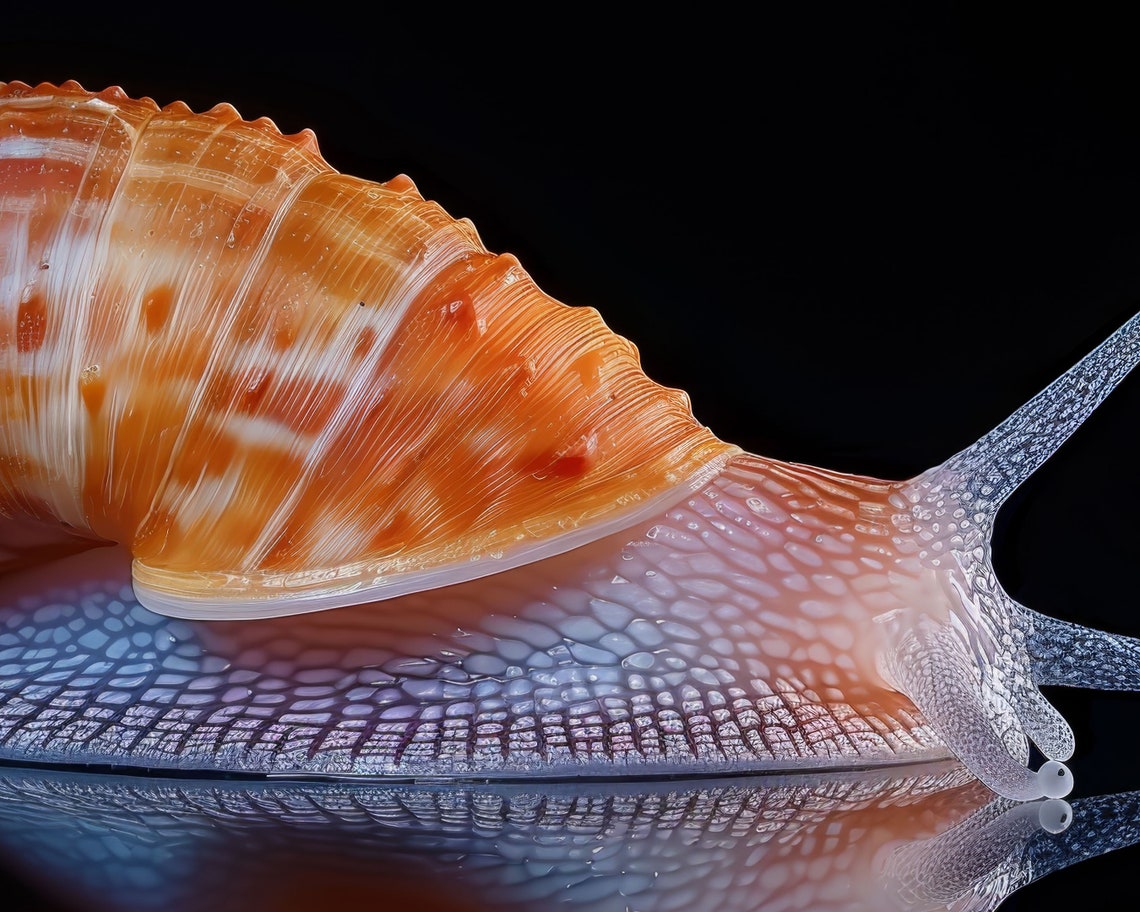 Elegant Snail With Mirror Reflection Orange Shell Nature Art Print - Image 2