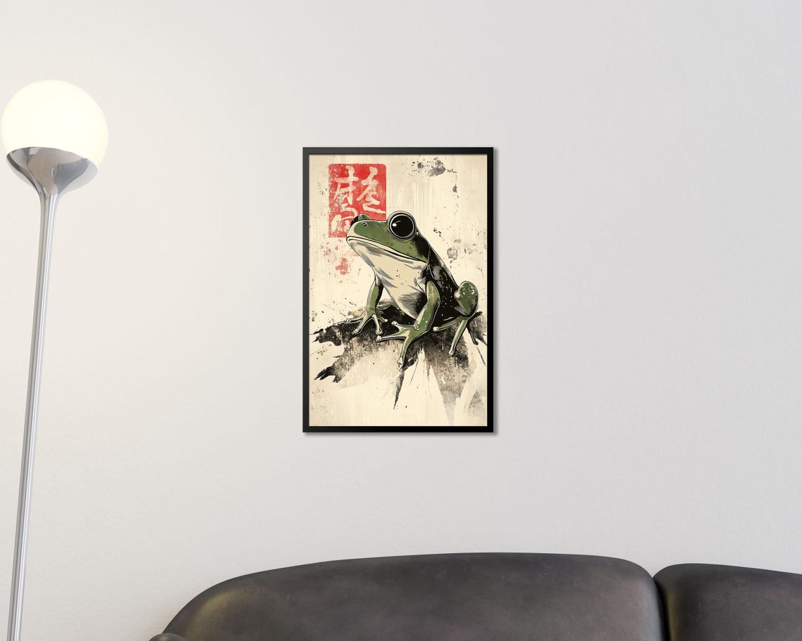 Japanese Woodblock Style Green Tree Frog Red Seal Stamp Wall Art - Image 2