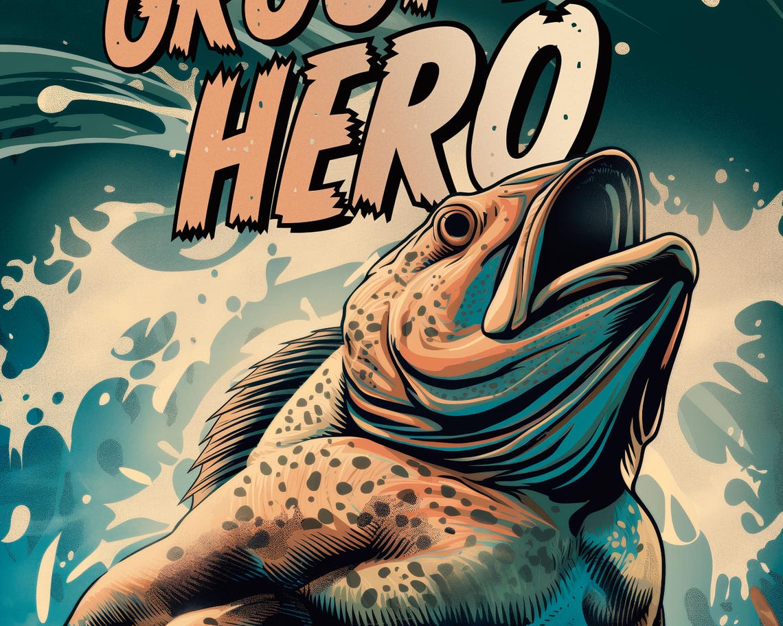 Grouper Hero Muscular Superhero Fish Leaping Comic Style Funny Poster - Image 2
