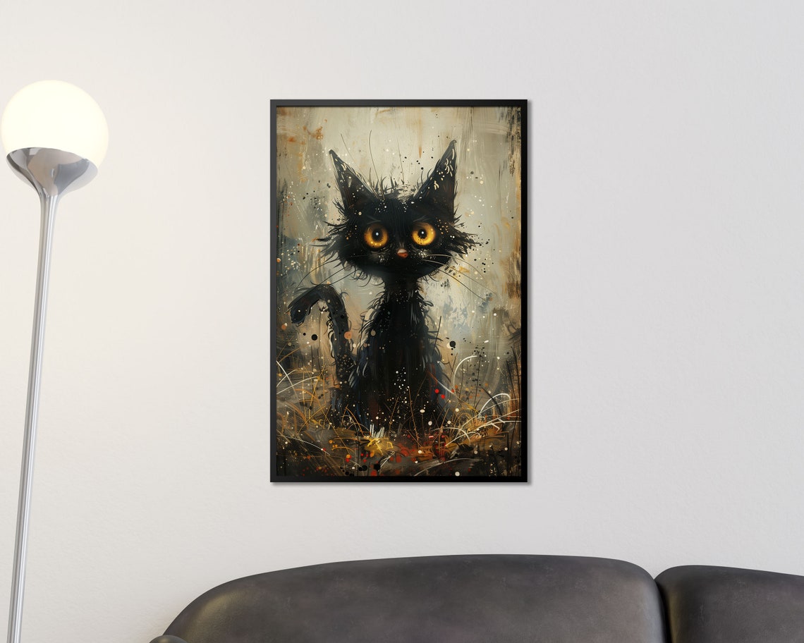Spooky Black Cat With Golden Eyes Halloween Gothic Feline Art Print