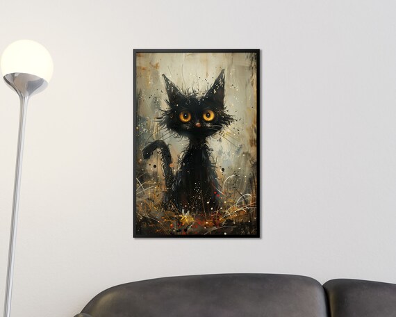 Spooky Black Cat With Golden Eyes Halloween Gothic Feline Art Print