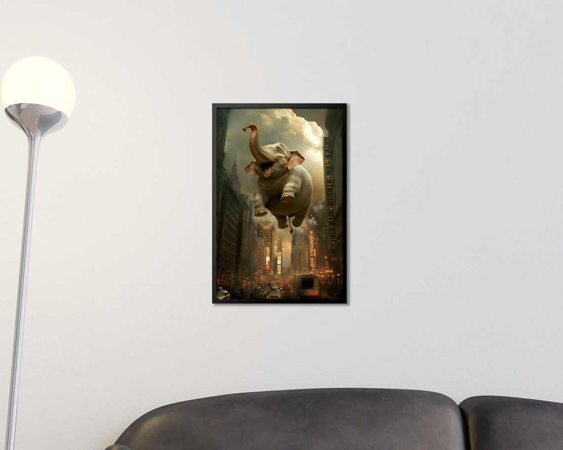 Flying Elephant Over City At Night Surreal Urban Fantasy Art Poster - Image 2