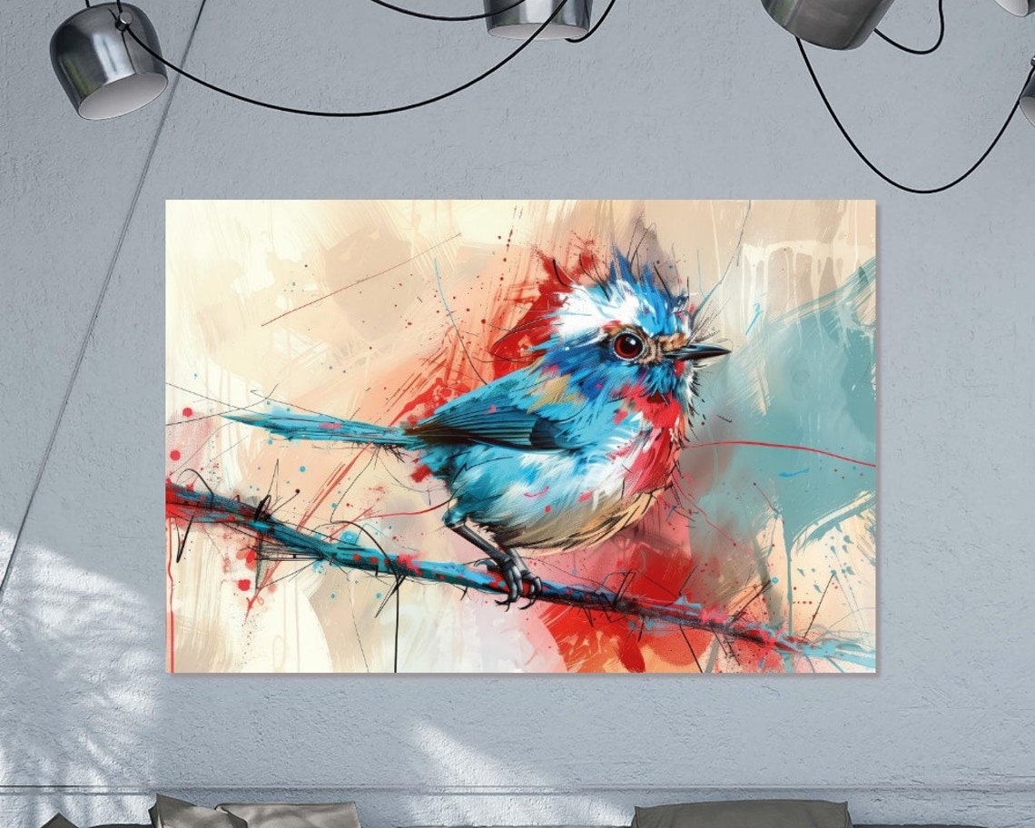 Microcosm Blue Songbird On Branch Macro Painting Vibrant Splash Poster
